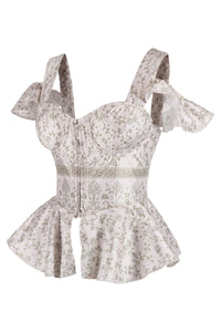Pale Blush Botanical Peplum Corset with Ruffled Shoulder Straps